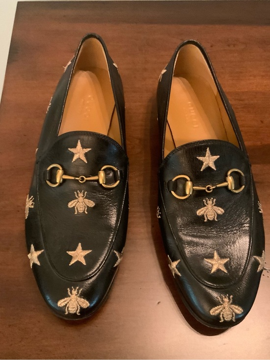 Gucci Shoes - Gucci Black Leather Women's Bit Loafers with Gold Embroidered Bees & Stars
